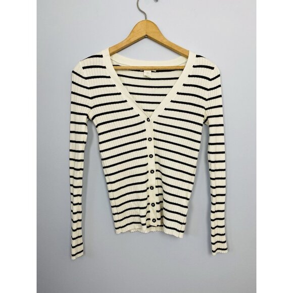 H&M Basics Womens Size Small Black and White Striped Ribbed Cardigan V-Neck Y2K - Picture 1 of 7